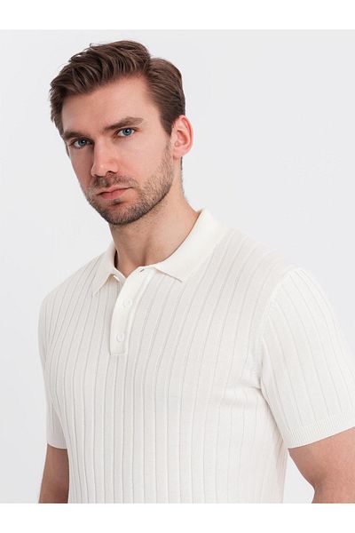 OMBRE Herren Poloshirt SLIM FIT aus Viskose mit vertikalen Streifen - gebrochenes Weiß V3 OM-POSS-0143 XL