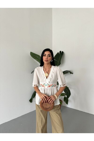 BRGCLOTHING Γυναικεία καλοκαιρινή φούντα, κεντημένη μπλούζα με μανίκια τριών τετάρτων