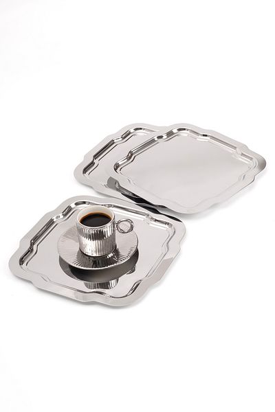NEWTREND Züccaciye 3-Piece Luxury Daisy Model Stainless Steel Silver Serving, Tea, Coffee, Refreshment, Dowry and Presentation Tray