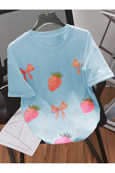 PENTHİLUS Tricou ușor și elastic, cu gât rotund, cu imprimeu căpșuni, fără umeri