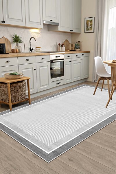 West Home Makinede Yıkanabilir Kaymaz Taban Leke Tutmaz Gri Çizgili Salon Halısı Mutfak Halısı ve Yolluk