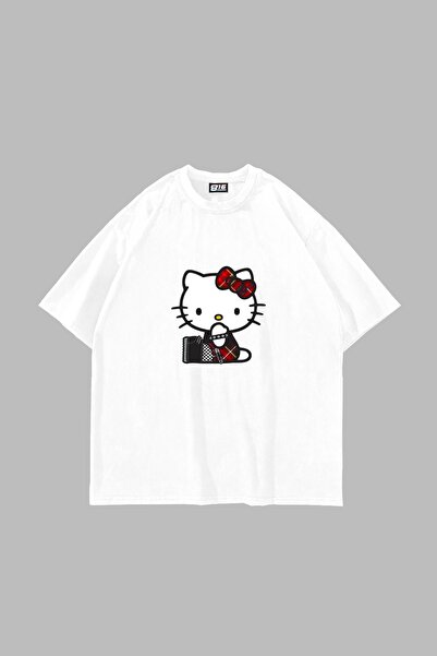 Bak Moda Tricou alb unisex oversize cu imprimeu Punk H. Kitty