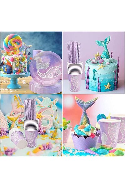 COOYA Disposable Party Tableware, Mermaid Party Tableware Kit, for Wedding, Barbecue Parties(75 Pcs)