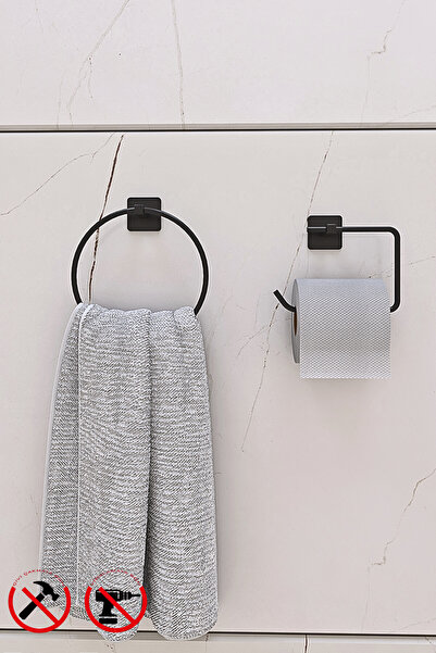 BellaBagno Jasmin Kare Siyah Yapışkanlı 2li Banyo Seti - Kağıtlık, Halka Havl...