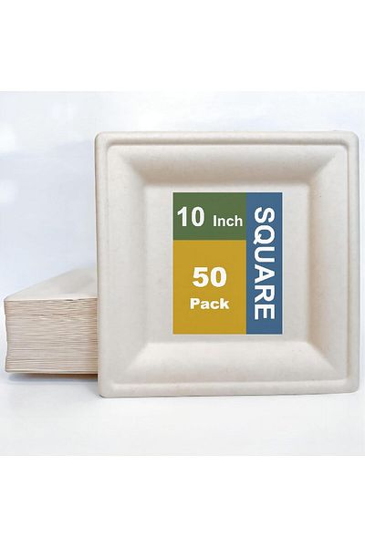 COOYA 50 Pcs Disposable Paper Plates, Microwavable and Eco-friendly, Sturdy, Hot or Cold Use, 10 Inch