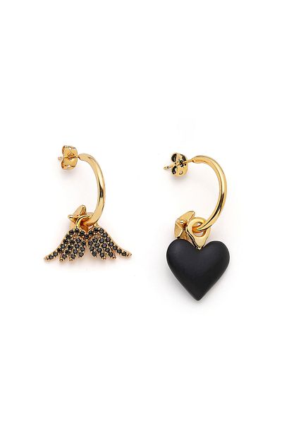 Mon Reve Black Angel Wing, Heart Pierced Earrings