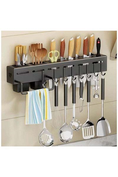 COOYA Kitchen Knife Holder, Stainless-Steel Wall Mounted Cutlery Organizer with towel rack and 8 hooks