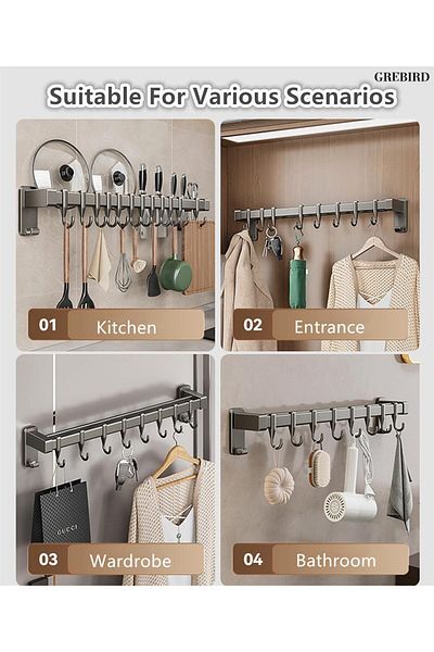 COOYA Kitchen Utensil Hanger,Knife Holder,Pots Hanging Rack,Wall Mount Rail Storage Rack with 10 Hools