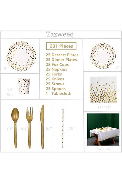 COOYA Disposable Dinnerware Set, Serves 25 with Tablecloth, Gold Plastic Knives Spoons Forks