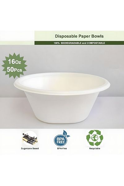 COOYA Disposable Bowls, Sturdy Plus, Made of Bagasse Fibers, Eco-Friendly and Biodegradable, Microwavable