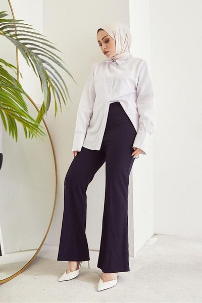 giyze Flared Leg Fabric Trousers Navy Blue 206