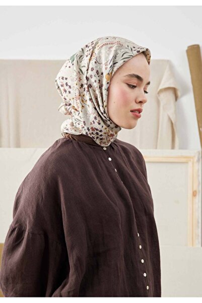 Fresh Tıny Garden Desen Pamuk Ipek Eşarp Bej