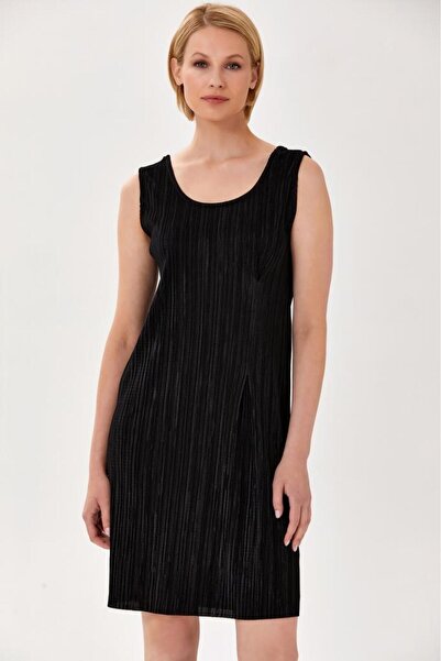 İKİLER Yuvarlak Yaka Pileli Kolsuz Elbise 024-2521