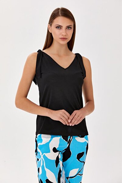 İKİLER Omuzları Fiyonklu Kolsuz Bluz 024-1008