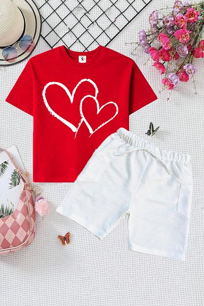 twins tailors Heart and Cherry Printed 2 Pieces Summer T-Shirt-Shorts Children's Set