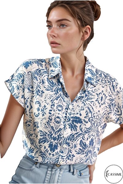 Cassime Жіноча сорочка з короткими рукавами, з ґудзиками у вигляді кажанів і синіми квітами, з віскози