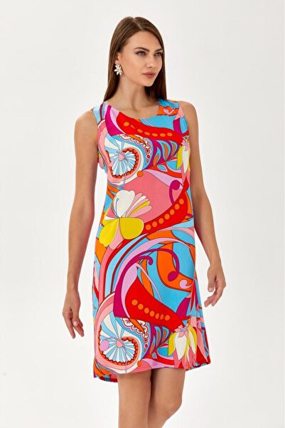 İKİLER Yuvarlak Yaka Kolsuz Desenli Elbise 024-4003