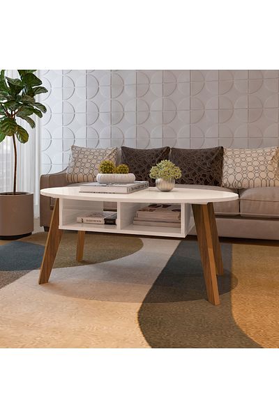 pilati Modern medium coffee table with drawers for living rooms and homes, white/brown color, 100*44*60