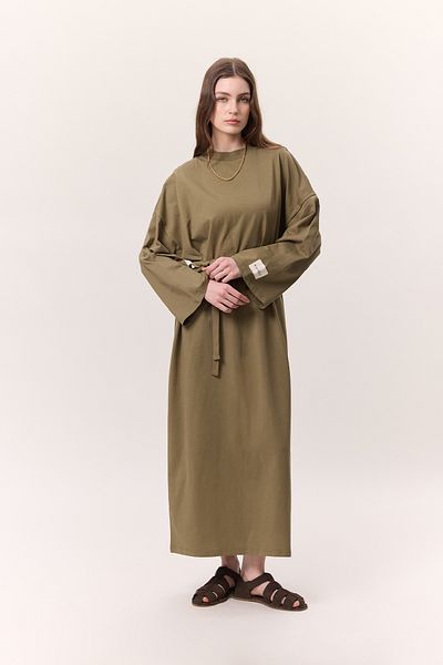 Manuka ÜBERGRÖSSES LANGES KLEID KHAKI: Max Foulard Sleeve Crossing Long Sakat