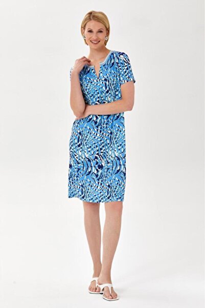 İKİLER Yakası Triko Bantlı Kısa Kol Desenli Elbise 024-2500