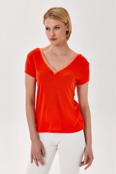 İKİLER V Yaka Düşük Kol Yakası Şeritli Bluz 024-1018