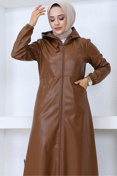 giyze Μακρύ Hijab Δερμάτινο Trench-Cap Brown 1250