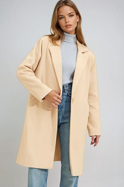 VAGGON Women's Beige Double Pocket Lined Winter Cashmere Coat Prmx9447
