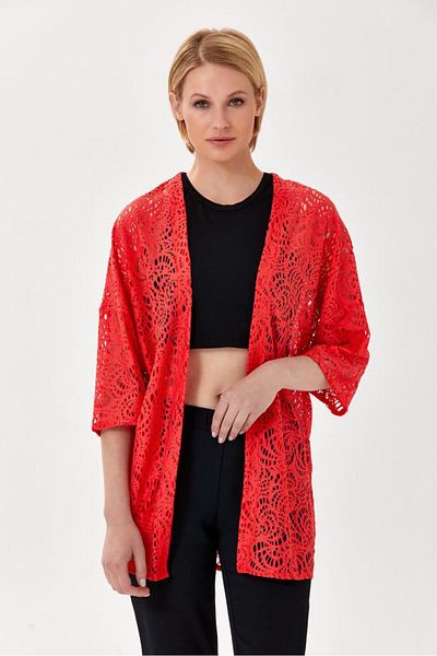 İKİLER Bat Sleeve Slit Lace Cardigan 024-4404