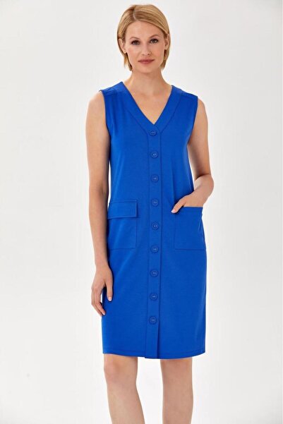 İKİLER V Yaka Önü Düğmeli Cep Detaylı Elbise 024-2506