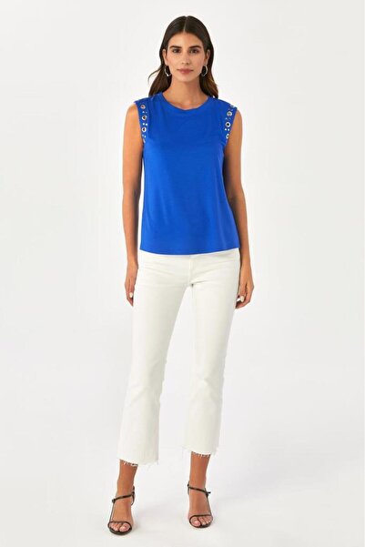 İKİLER Yuvarlak Yaka Kuşgözü Detaylı Bluz 024-1032