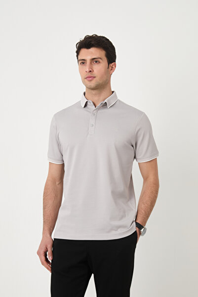 SILVANO تي شيرت رجالي صيفي بأزرار وياقة بولو رمادية مخططة