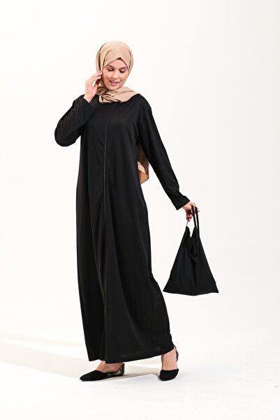 Plistre 2258_Pratik Fermuarlı Tesettür Namaz Elbisesi Siyah Ferace
