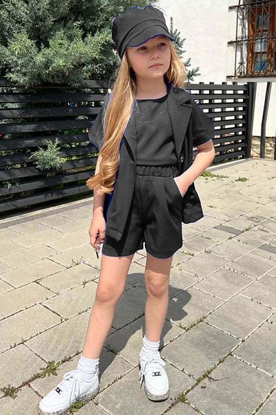 Riccotarz Girl's Sleeveless Combed Cotton Blouse Short Sleeve Blazer Jacket Hat Black Shorts Suit