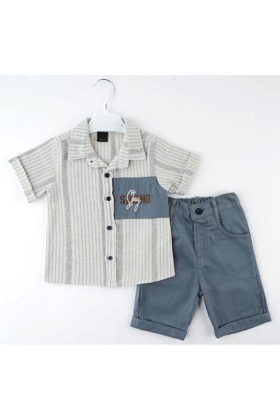 Mc Emirix Kids Wear Strong Embroidered Striped Shirt Short Sleeve 2 Piece Set