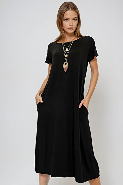 VAGGON Women's Black Boat Neck Pocket Casual Dress Prmx4311