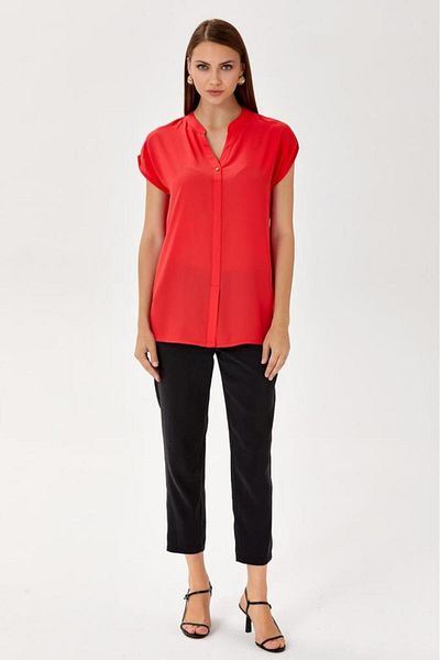 İKİLER Front Placketed High Collar Low Sleeve Blouse - 024-3018