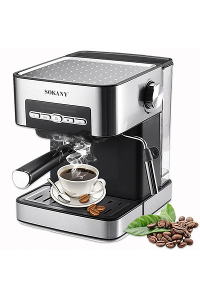 SOKANY Espresso Coffee Machine 850W, 15 Bar Swivel Steam Pressure Pump, 1.6L Water Tank. - Black/Silver