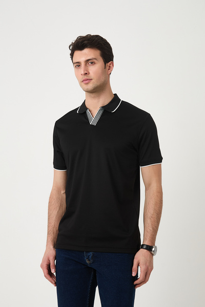 SILVANO تي شيرت رجالي صيفي أساسي مخطط بياقة بولو باللون الأسود