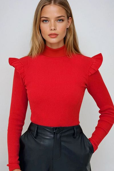 VAGGON Women's Red Shoulder Ruffled Half Fisherman Sweater Prmx5194