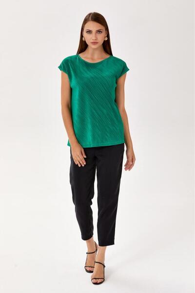 İKİLER Yuvarlak Yaka Düşük Kol Pileli Bluz 024-1055