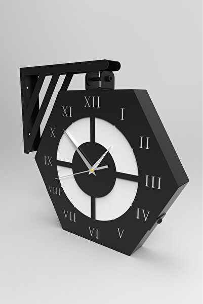 Home ساعة حائط معدنية سوداء صناعية على شكل سداسي مع وجهين، ديكور جداري للمنزل...