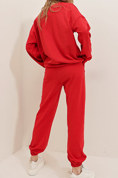 VAGGON Women's Red Crew Neck Waist and Elastic Legs Two Thread Basic Tracksuit Set Vgn-507-669-001