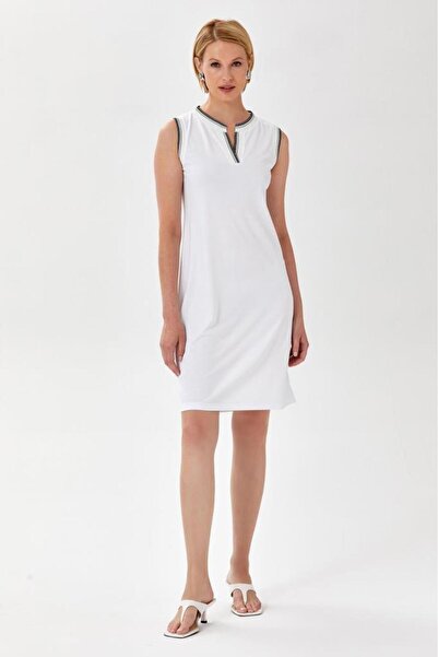 İKİLER Yakası ve Kolu Sim Şeritli Kolsuz Elbise 024-2518