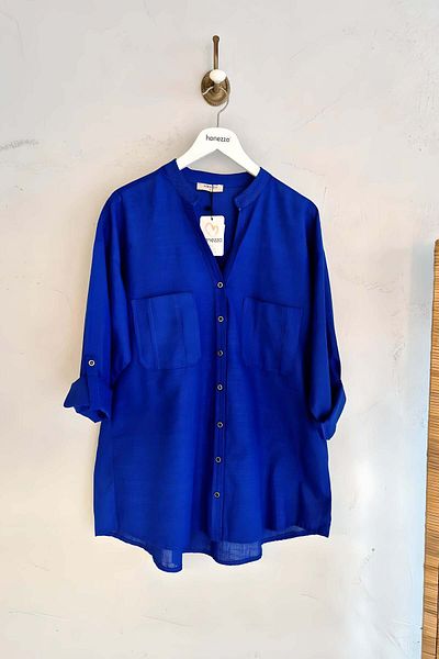 Hanezza Large Size Linen Shirt - Saks Blue Judge Collar Fold Sleeve