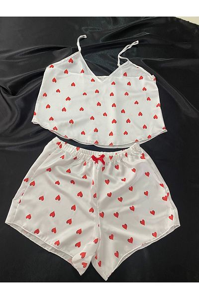 ronox Women's Satin Suit with Shorts, Heart Pattern, Adjustable Strap, Pajama Nightwear