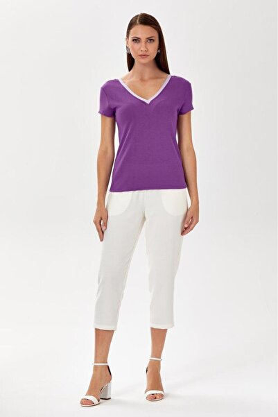 İKİLER V Yaka Düşük Kol Yakası Şeritli Bluz 024-1018