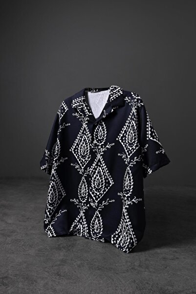 Slatra Cămașă oversize cu mânecă scurtă pentru bărbați, cu model Pais negru