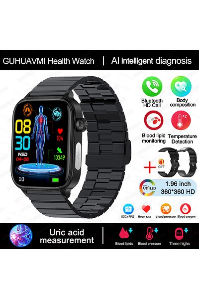 Choice Black Steel B2 2025 New Al Science Diagnosis Blood Lipids Uric Acid Blood Oxygen Smart Watch Men Ecg