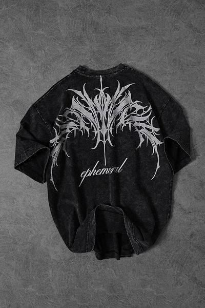 Slatra Men's Anthracite Ephemeral Printed Special Washed Fabric Oversize Tshirt