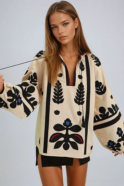 VAGGON Liked White Boat Neck, Detailed Embroidery Embroidered Balloon Sleeve Blouse Prmx9279